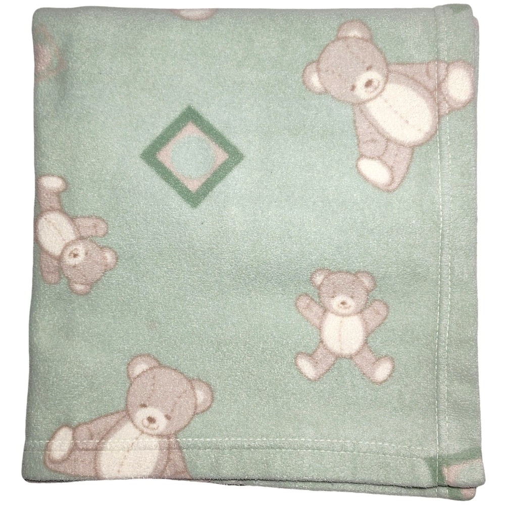 Beansprout htf Green Teddy Bear Baby Blanket Thin Fleece Squares Brown Tan - Picture 1 of 3